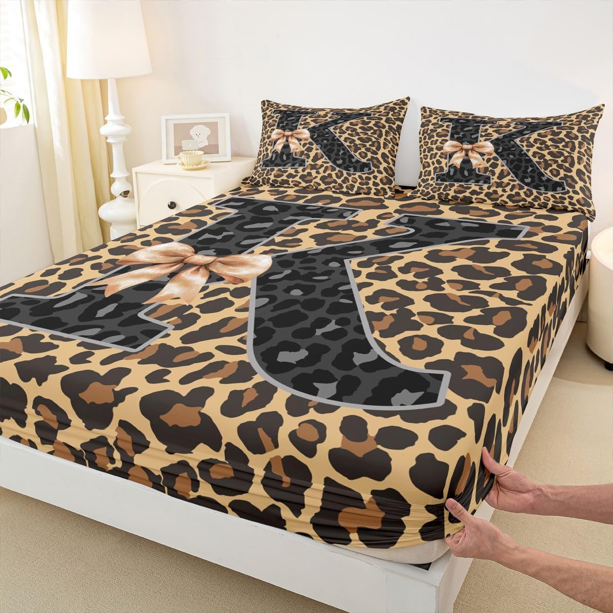Erosebridal Grey Leopard Print Bow Sheet Set Coquette Aesthetic Letter K Full Size Bed Sheets for Toddler Boys | Personalized Name Monogrammed Alphabet Bedding Set Toddler Balletcore Decor Brown