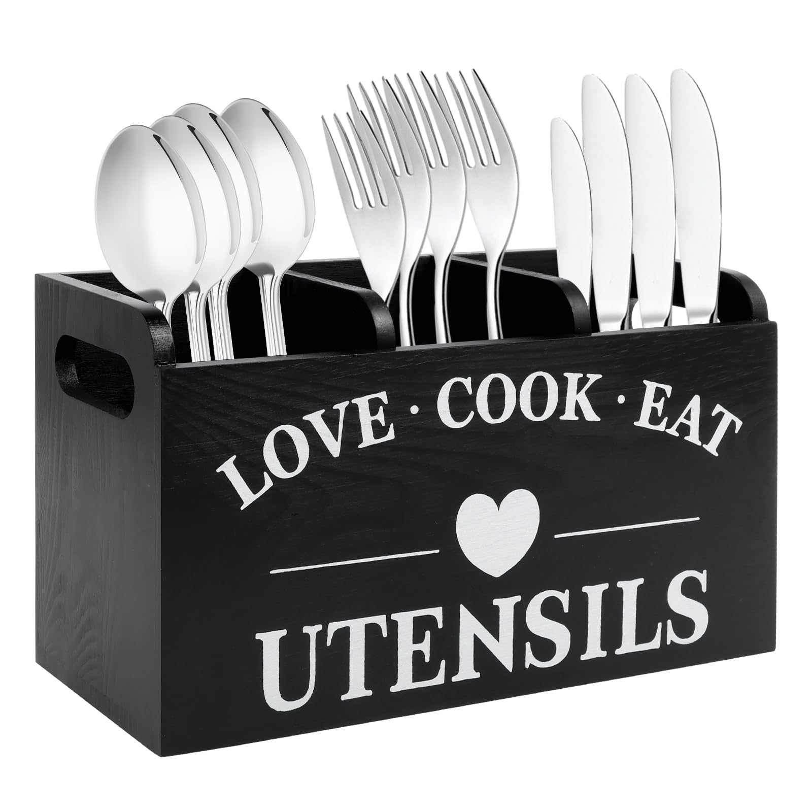 Cbwerbb Kitchen Utensils Holder With Drainage Bottom 3 Compartments Solid Real Wood Utensil Organizer Wooden Cutlery Caddy Farmhouse Cooking Tools Storage For Countertop