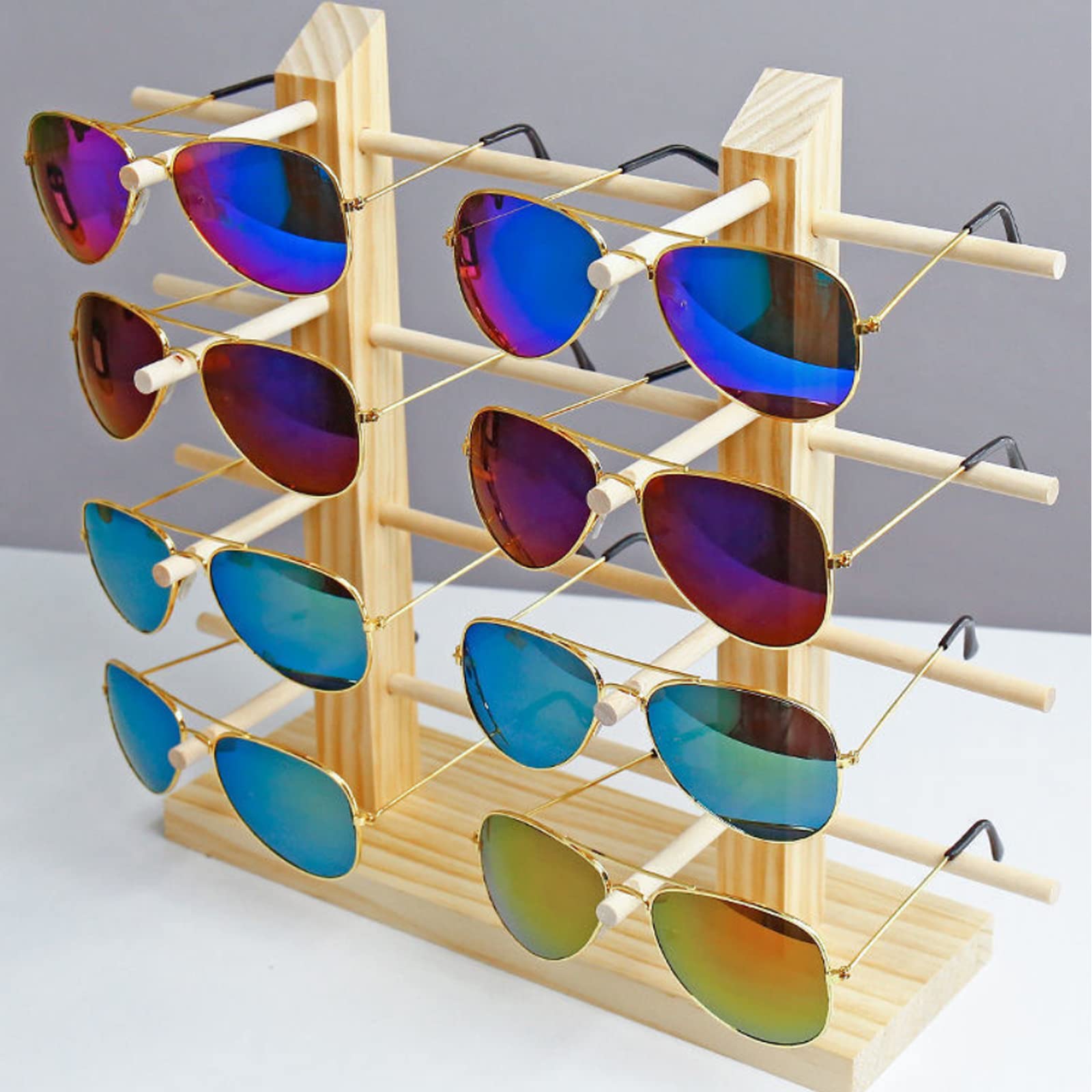 Espositore per Occhiali Creativi Occhiali da Sole in Legno Rack Supporto a 4 Strati per 8 Paia di Occhiali Porta Occhiali Da Sole per Esporre Occhiali e Gioielli, Orologi