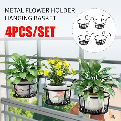 Miniatura 6 de Juego de 4 macetas redondas de metal para barandilla colgante para balcón, jardín, exterior e interior