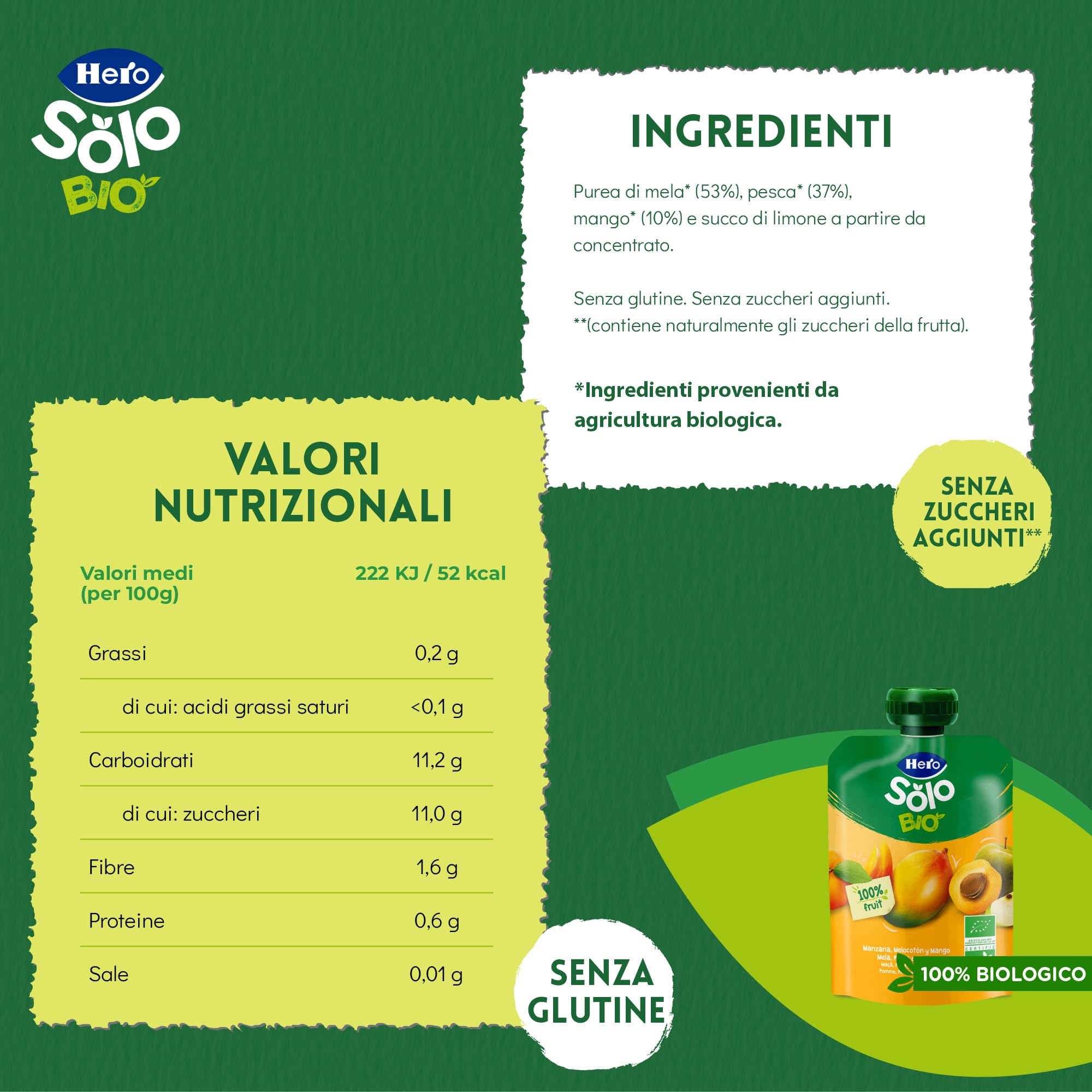 Hero Solo Bio Frutta Frullata 100% Bio, Senza Zuccheri Aggiunti, Purea di Mela, Pesca, Mango - 18 Confezioni da 100 gr
