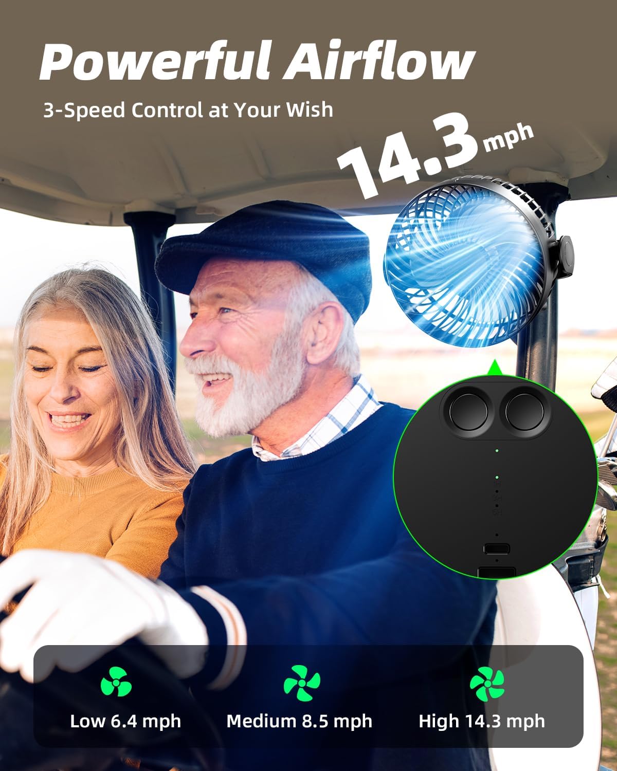 2 Pack Magnetic Golf Cart Fans Rechargeable,10000mAH Battery Operated Portable Fan with 3 Speeds,30H Working Time,LED Lantern,360° Rotatable Head, Fits EZGO/Club Car/Yamaha Golf Cart - Image 4