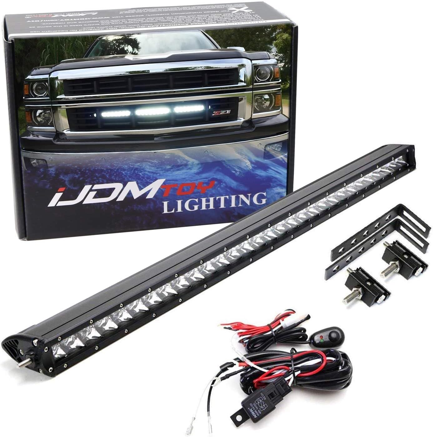 iJDMTOY Behind Grille Mount 30-Inch LED Light Bar Compatible with Chevy 2014-16 Silverado 1500, 2014-19 2500 3500 HD, (1) 150W LED Lightbar, Mesh Grill Mounting Brackets & On/Off Switch Wiring