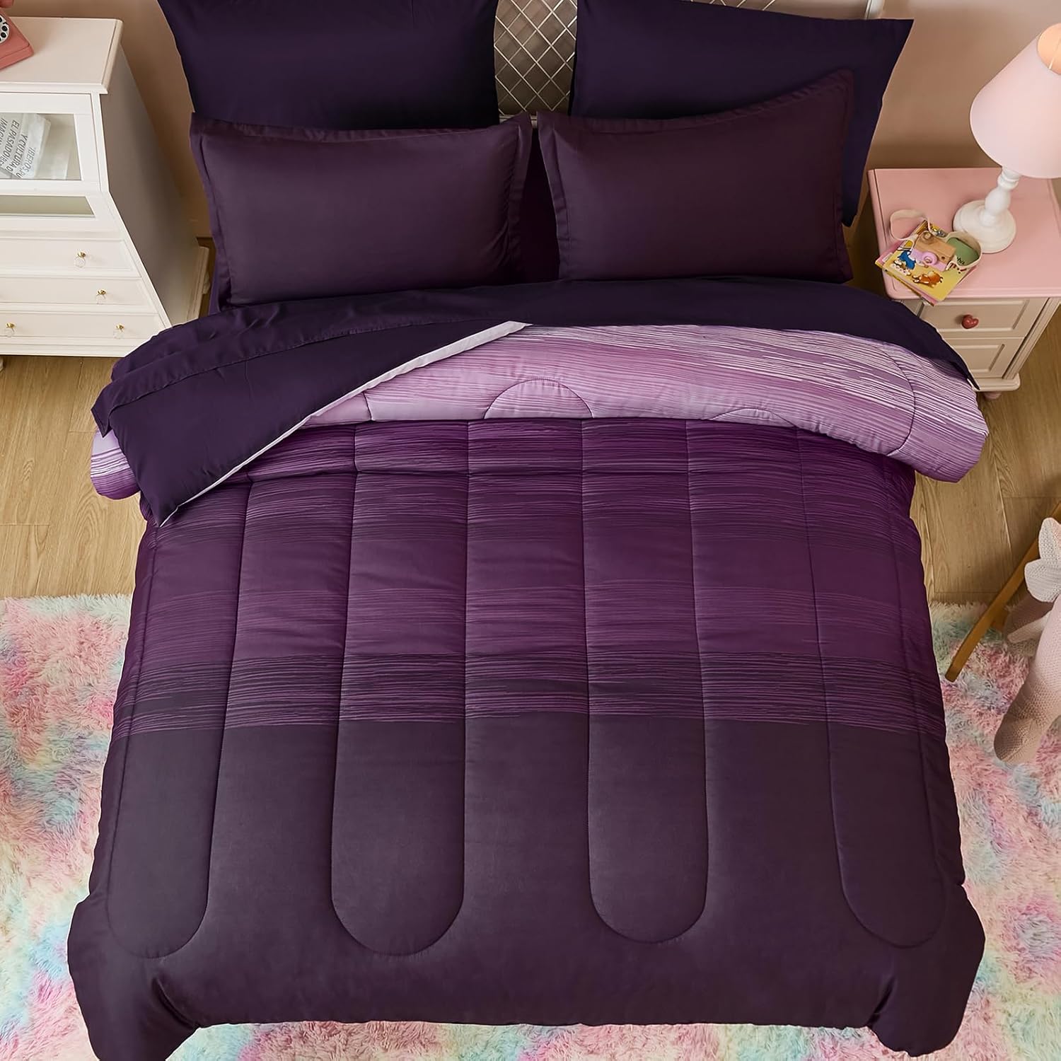 Dinjoy Girls Comforter Set Queen Size 7 Pieces Bed in A Bag Ombre Purple White Rainbow Bedding Set Collections for Teen Women (1 Comforter, 1 Flat Sheet, 1 Fitted Sheet, 2 Pillow Shams, 2 Pillowcases)