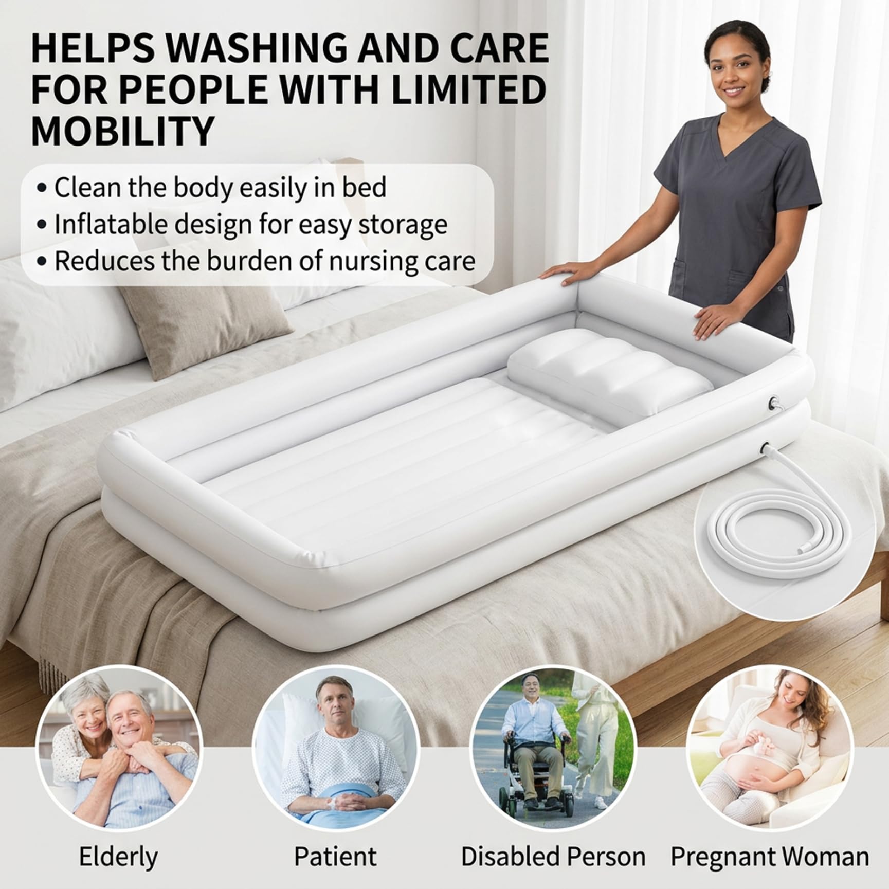 Bañera inflable, estación de lavado de cabello portátil para ducha junto a la cama, cómoda bañera para el cuidado de ancianos, uso doméstico para adultos y niños, inflable blanca