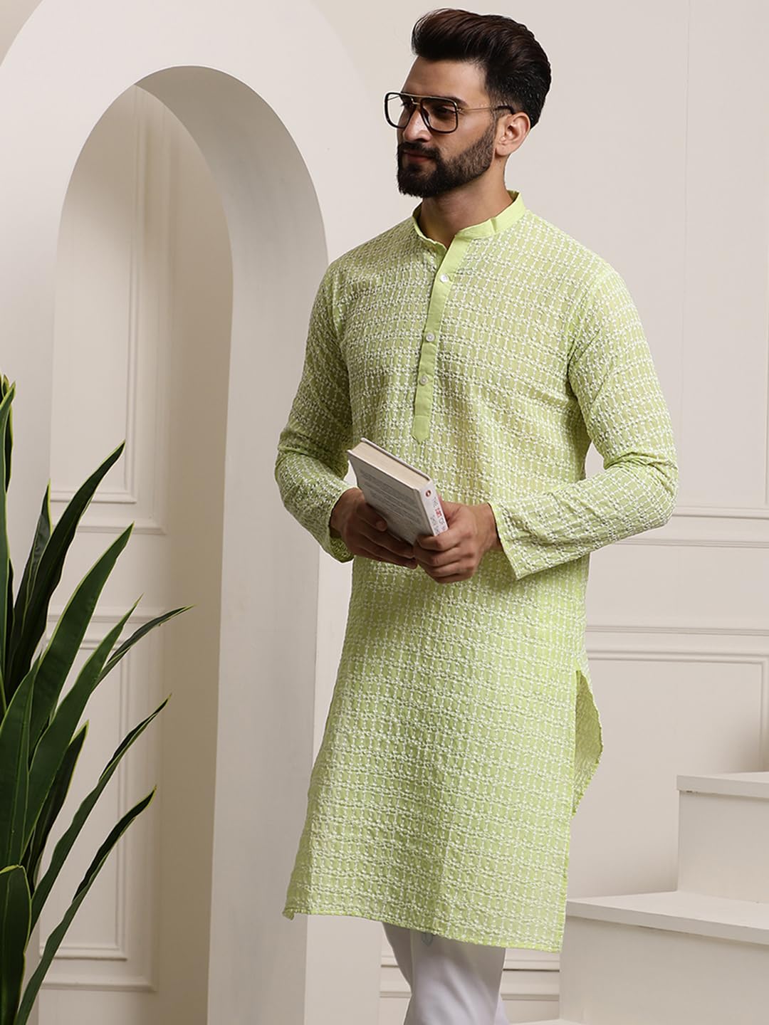 Sojanya (Since 1958 Men's Pure Cotton Green Long Kurta With White Embroidery