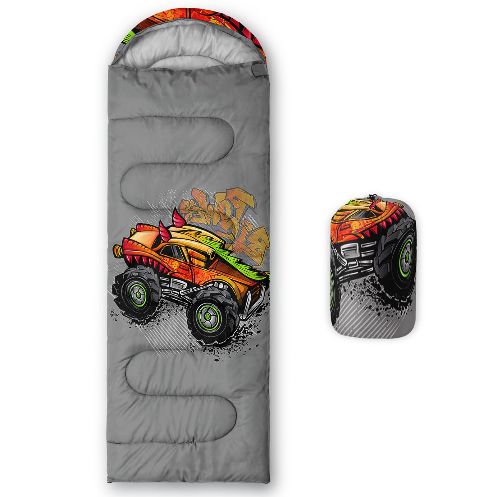 AILONEN Monster Jam Truck Kids Camping Sleeping Bags,Lightweight,Waterproof,3 Season Warm & Cool Weather,Grey,Teen Boys Sleeping Bags for Adults,Traveling,Outdoors