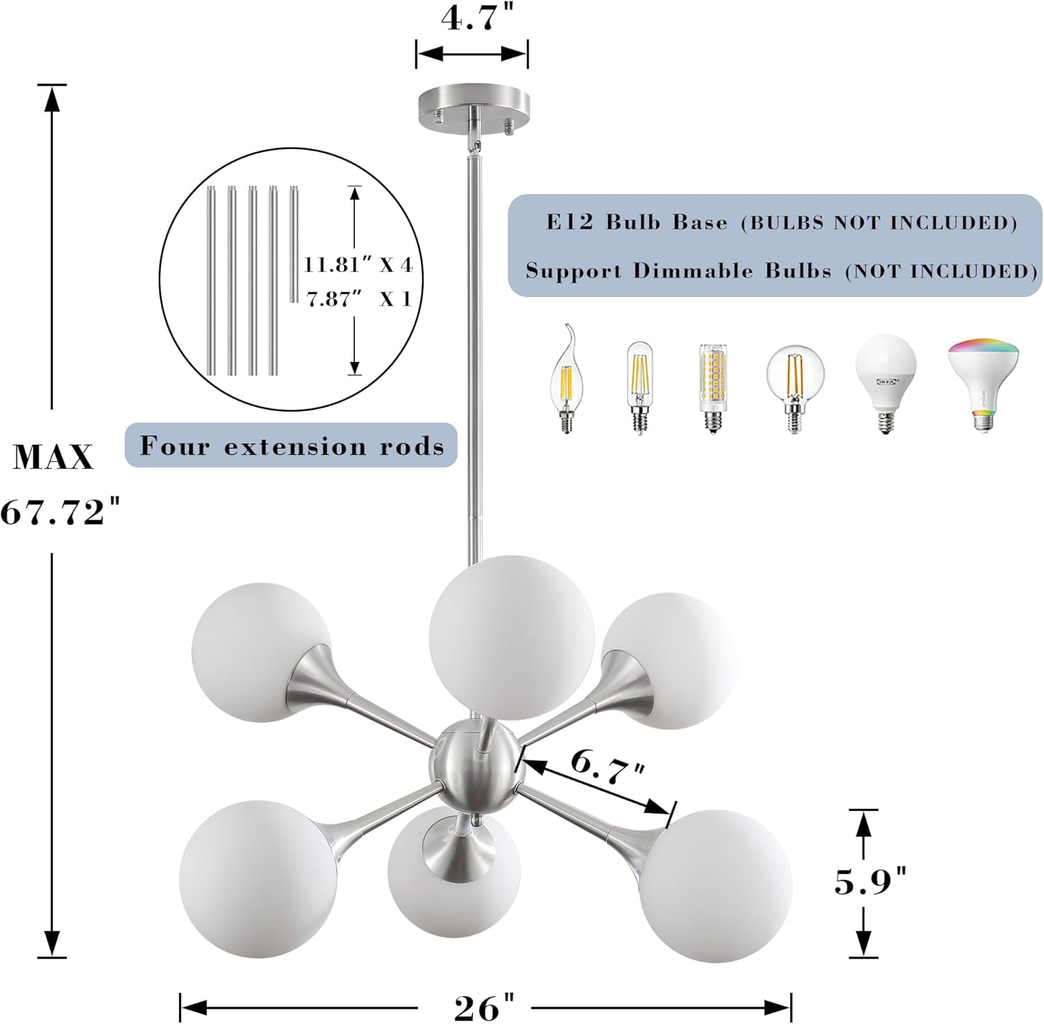 26" Sputnik Chandelier, 6-Light Modern Glass Globe Chandelier, Brushed Nickel Ceiling Light Fixture for Dining Room, Kitchen Island, Foyer, Living Room