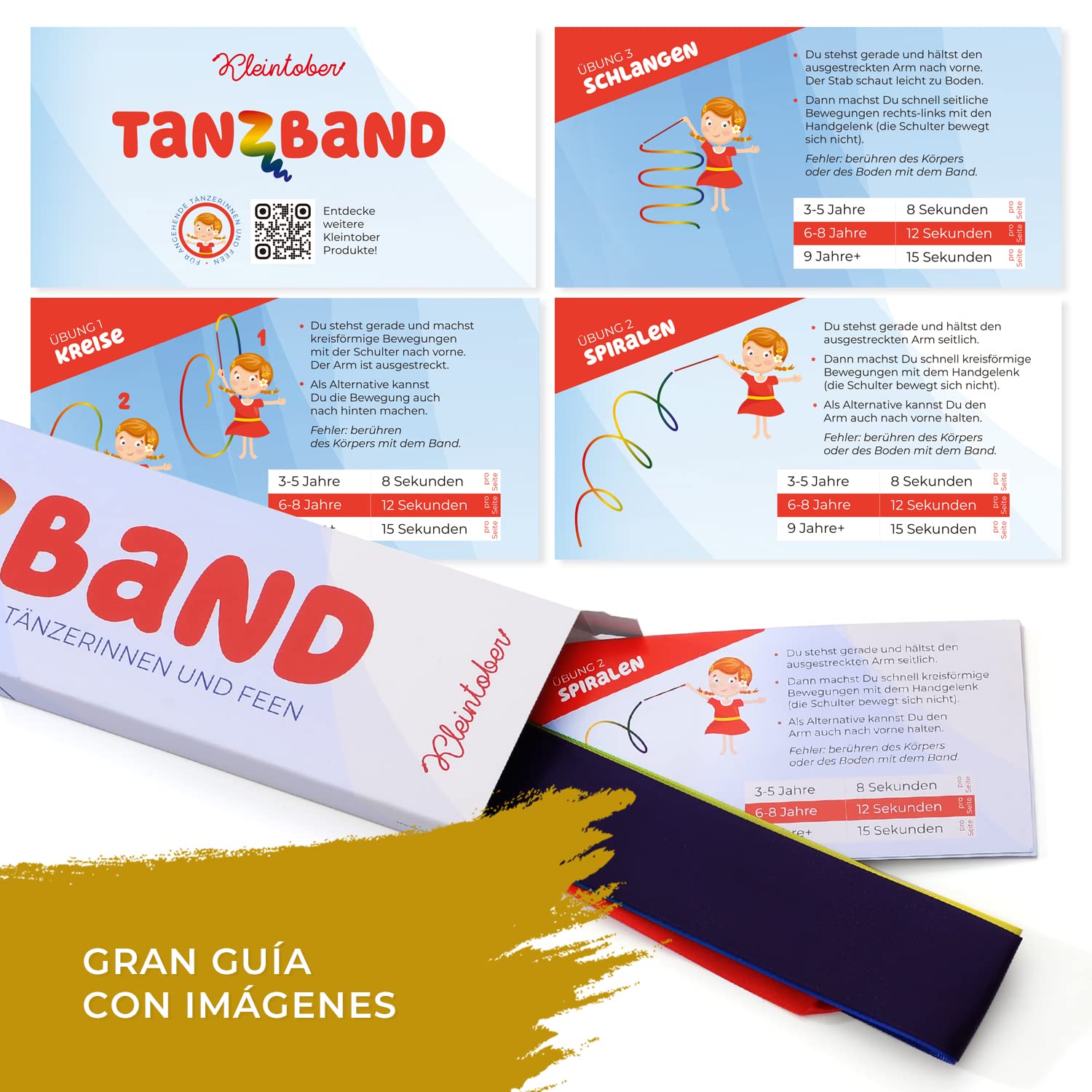 Kleintober Banda de gimnasia de alta calidad con varilla, para niños, arco iris, banda de baile con instrucciones de imágenes para ejercicios, regalo óptimo para niñas