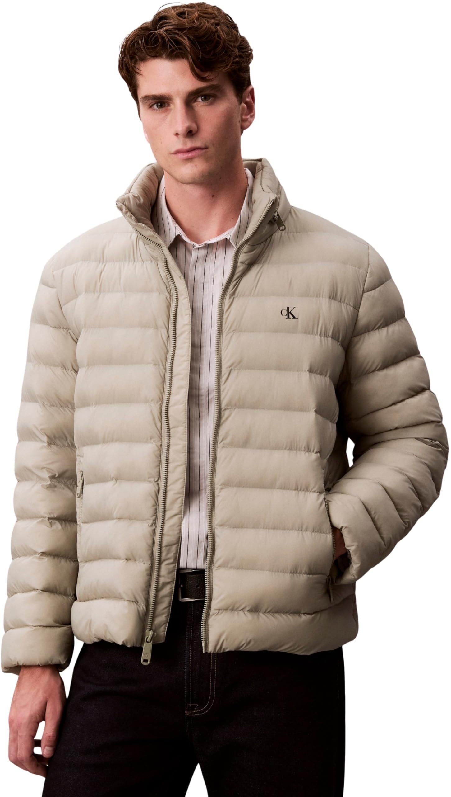 Calvin Klein Men's LS NYLON LT WT HOODED FZ PUFFER LV04RC511G Jackets, KHAKI (Forest Fog), S