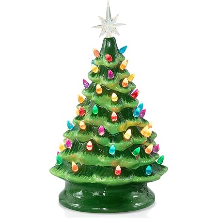 13.5 Inch Medium Ceramic Christmas Tree Battery Operated Tabletop Artificial Christmas Decoration Tree with Multicolored Lights, Green Christmas Tree, ...