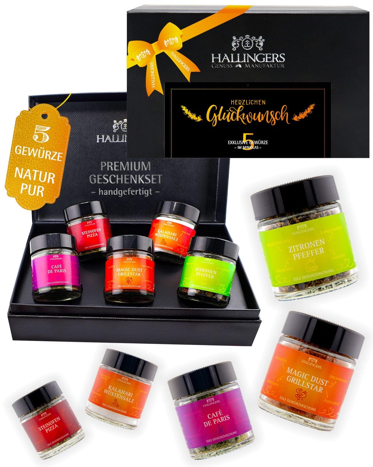 Hallingers Genuss Manufaktur Gewürz Glückwunsch-Geschenk-Set - 5 Gewürze aus aller Welt in wertiger Geschenkbox mit Rezept-Booklet "Herzlichen Glüc...", Geschenkidee für Frauen Männer