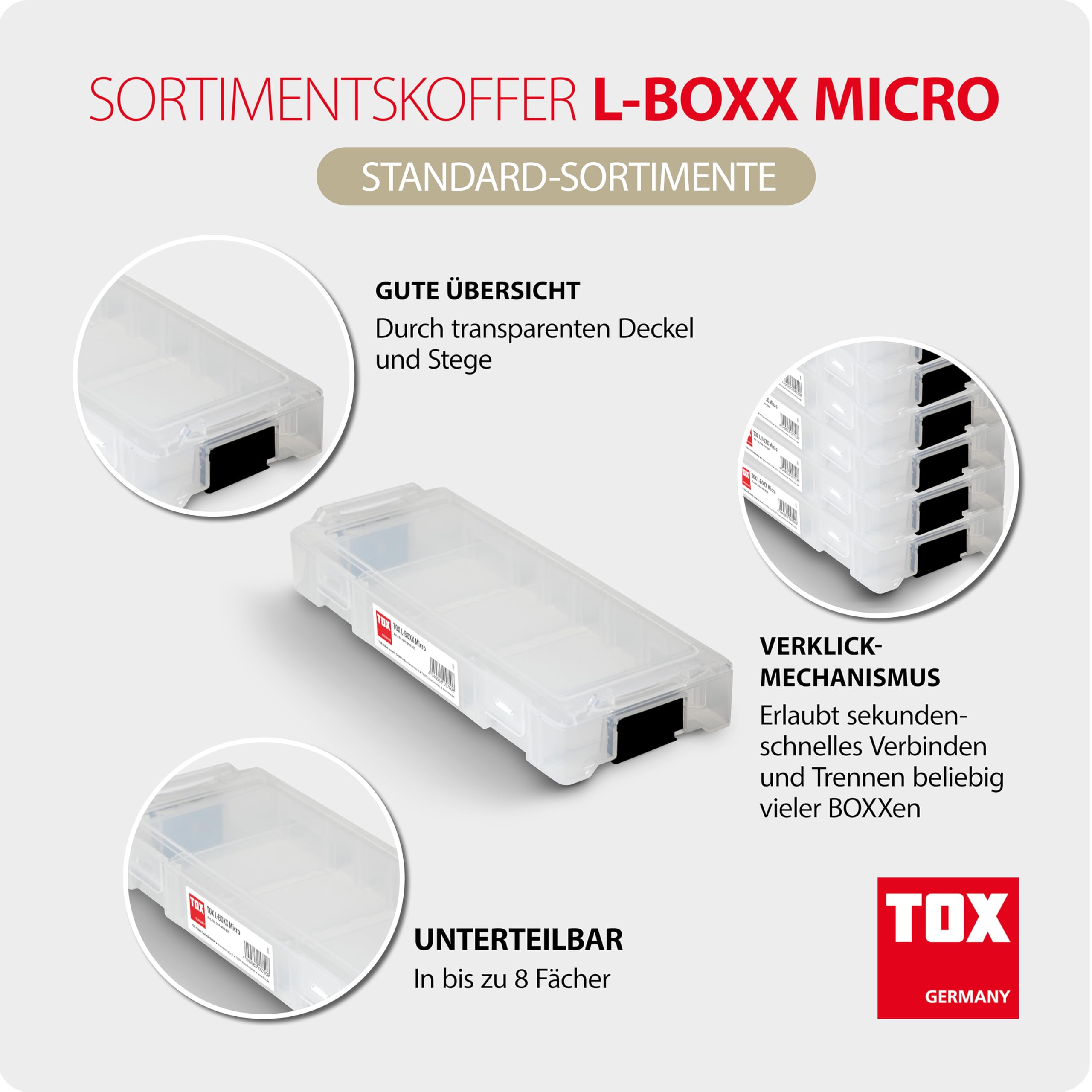 TOX Sortimentskoffer L-BOXX Micro im Set, stapel- und verklickbar mit L-BOXX System, unterteilbar in 8 Fächer, Aufbewahrung für Dübel und Schrauben, transparent, Set mit 10 Stück, 094909146