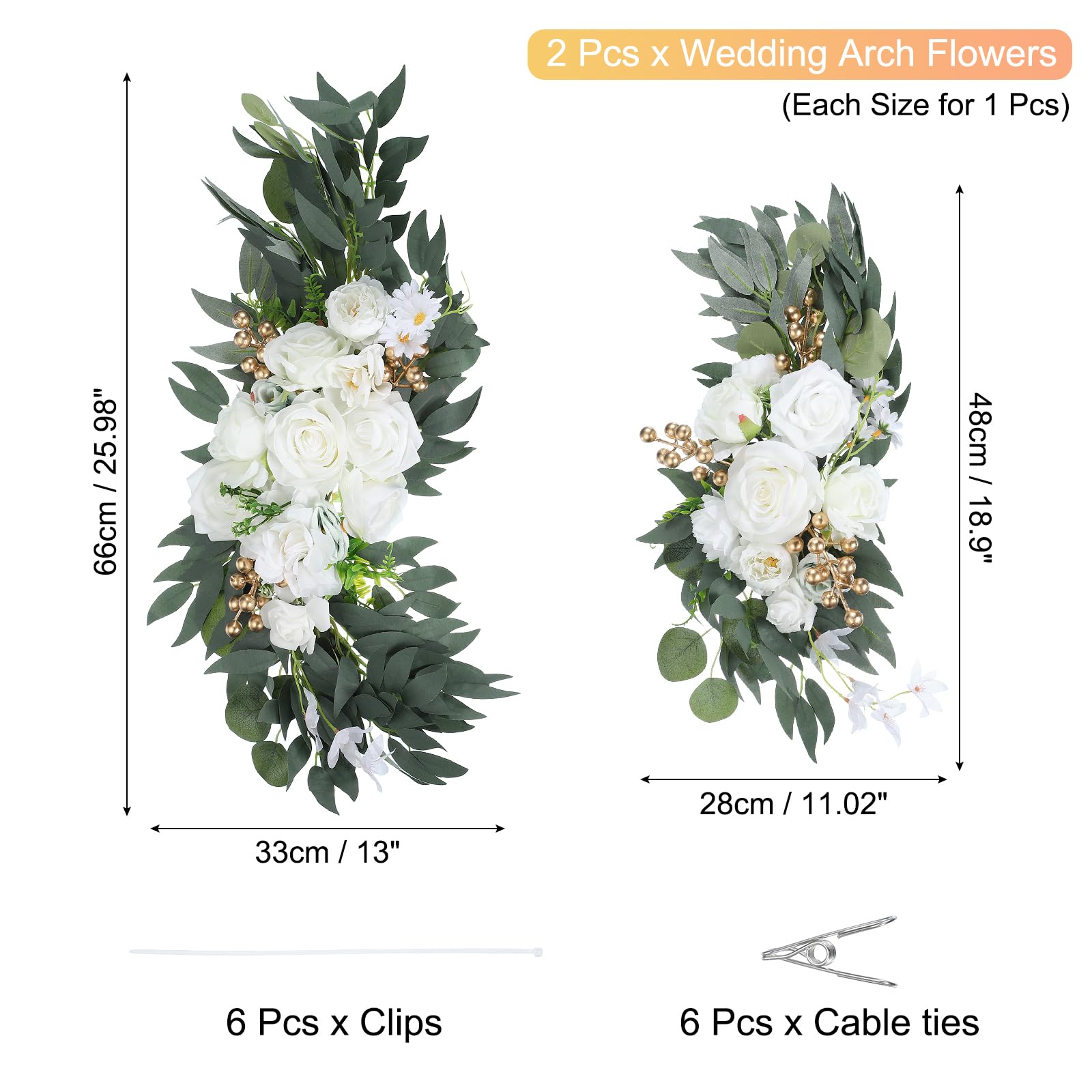 PATIKIL Arco de Bodas Flores, 2Pcs Flores Artificiales de Seda Falsa Guirnalda de Flores con Hojas Y Banda de Clip para Decoración de Recepción de Ceremonia de Cartel, Blanco