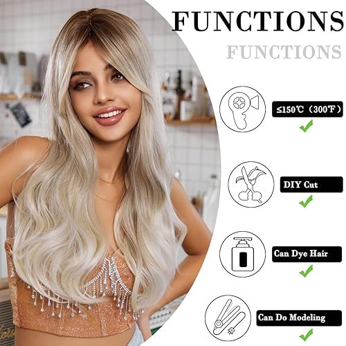 Miniatura 2 de Doremiy Pelucas largas onduladas de color rubio ceniza degradado para mujer, peluca rizada sintética natural resistente al calor, pelucas de fibra