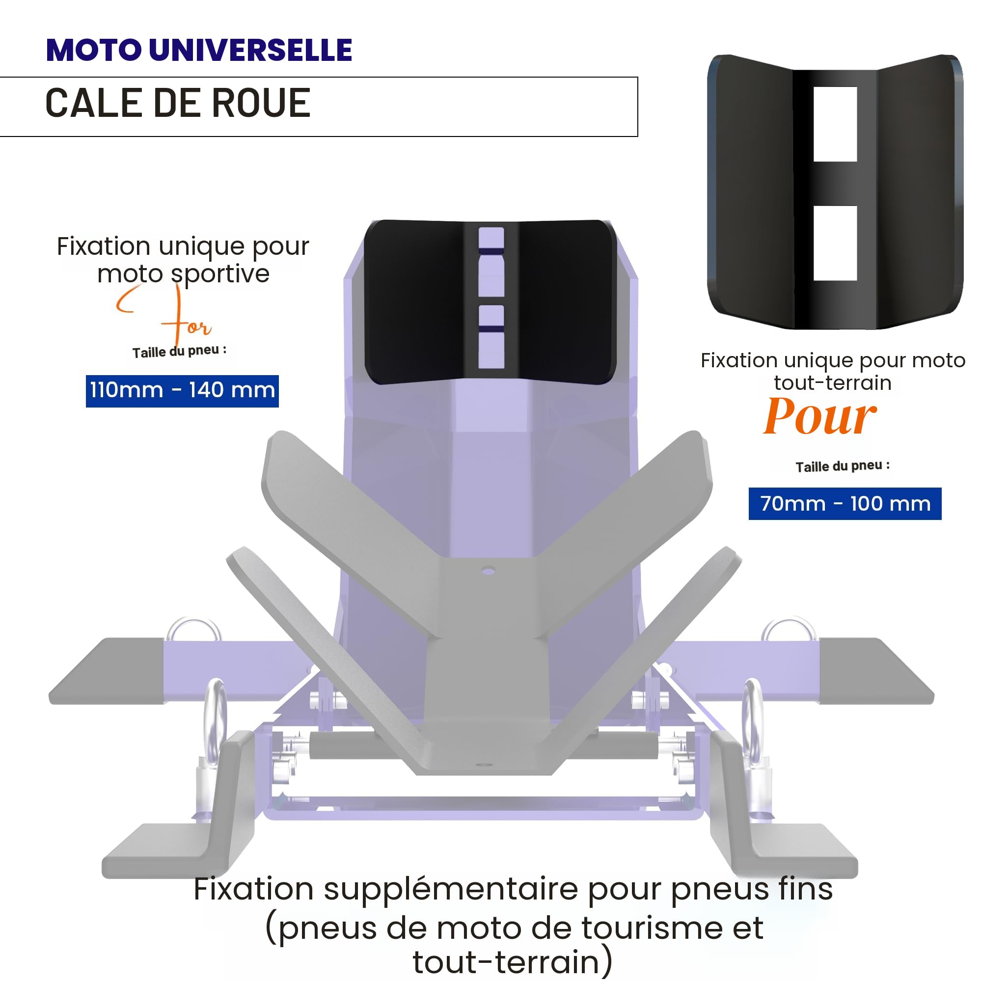 GRAND PITSTOP Cale de roue universelle pour Crusier, Sports et Dirt Bikes, support de moto robuste pour remorque, entièrement réglable, amovible, cale de roue pliable. (taille des pneus de 33 cm à 66