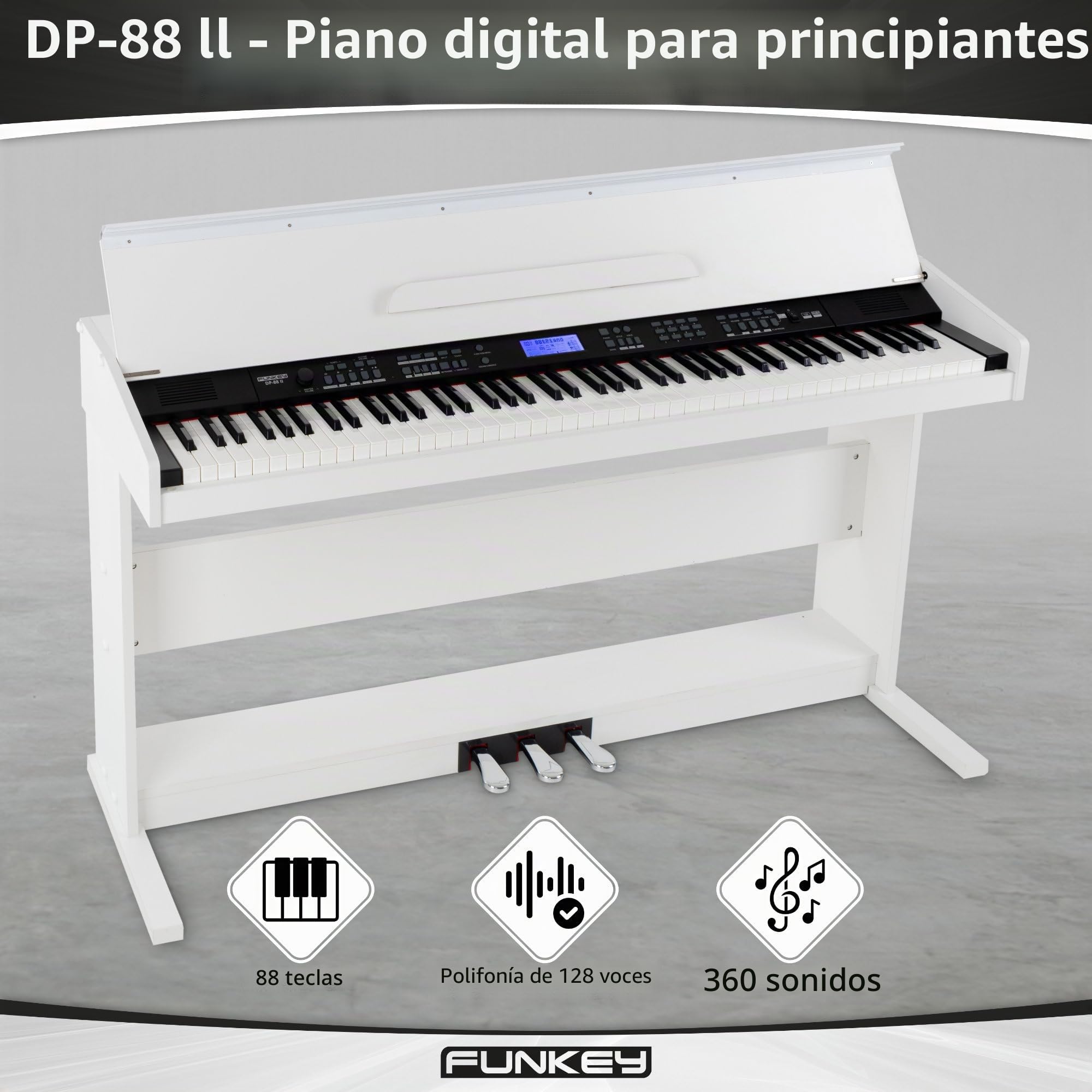 Piano digital FunKey DP-88 blanco set con auriculares, banco de piano Economy y manual
