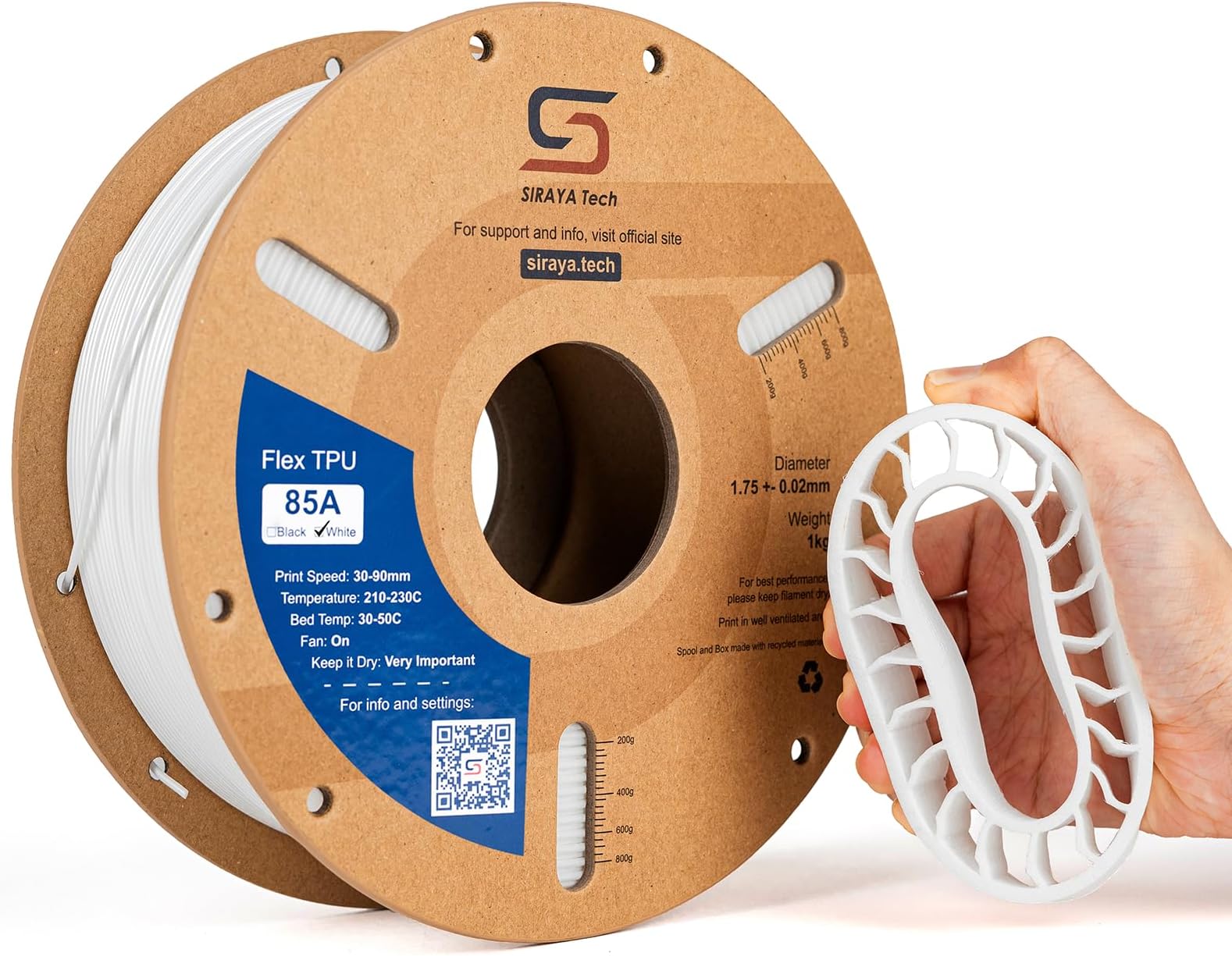 Siraya Tech Flex TPU Filament - 85A Shore, ISO 10993, High Flexibility & Toughness, High Flow & Speed, Easy to Print, Moisture-Resistant Aluminum Bag - Ideal for Footwear, Protective Gear (White, 1kg)
