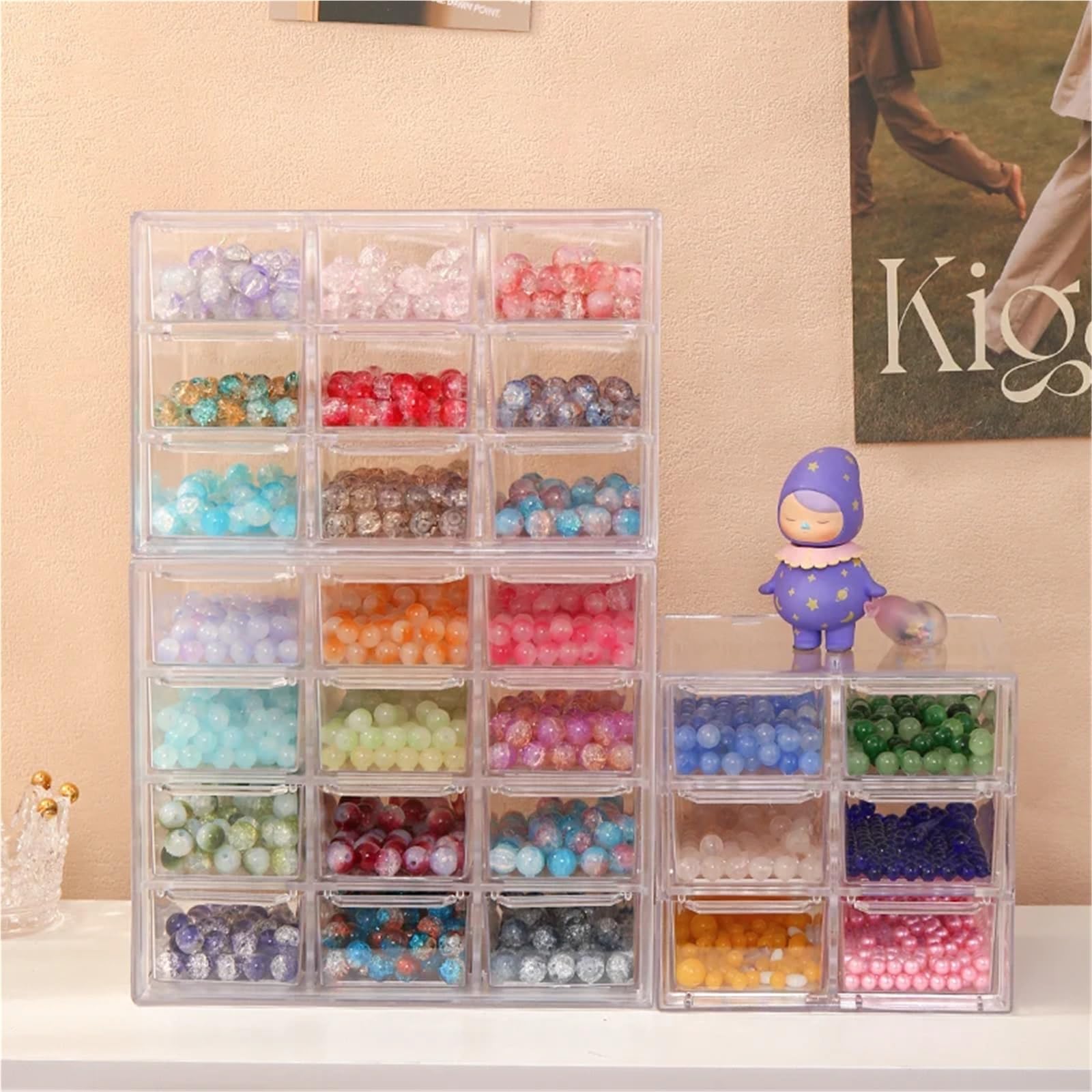 Organisateur de tiroir Boîte de rangement perles empilable, style tiroir multifonctionnel à grille 6/9/12, boîte d'exposition bijoux bureau en acrylique transparent 1 pièce(12gird-transparent)