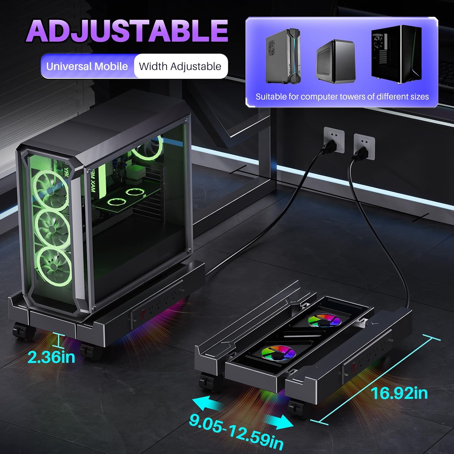 Computer Tower Stand with Charging Station, Cooler Fan and Light, Adjustable PC Stand for Floor, Mobile CPU Stand with 4 Caster Wheels, Under Desk CPU Holder Fits Most PC Tower