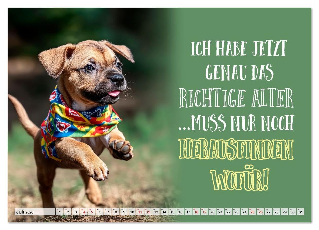 Wuffige Geburtstagsgrüße SPRÜCHE ZUM ÄLTERWERDEN (hochwertiger Premium Wandkalender 2026 DIN A2 quer), Kunstdruck in Hochglanz: Lächle, solange du noch Zähne hast (CALVENDO Spass)