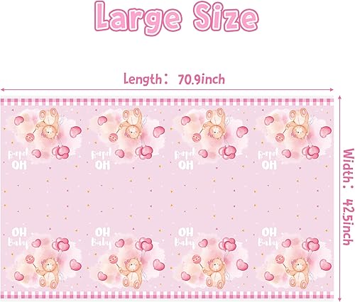 Miniatura 2 de Eartim Mantel rectangular de plástico desechable con diseño de oso de peluche rosa, 3 piezas, para niñas, para fiesta de cumpleaños, baby shower,
