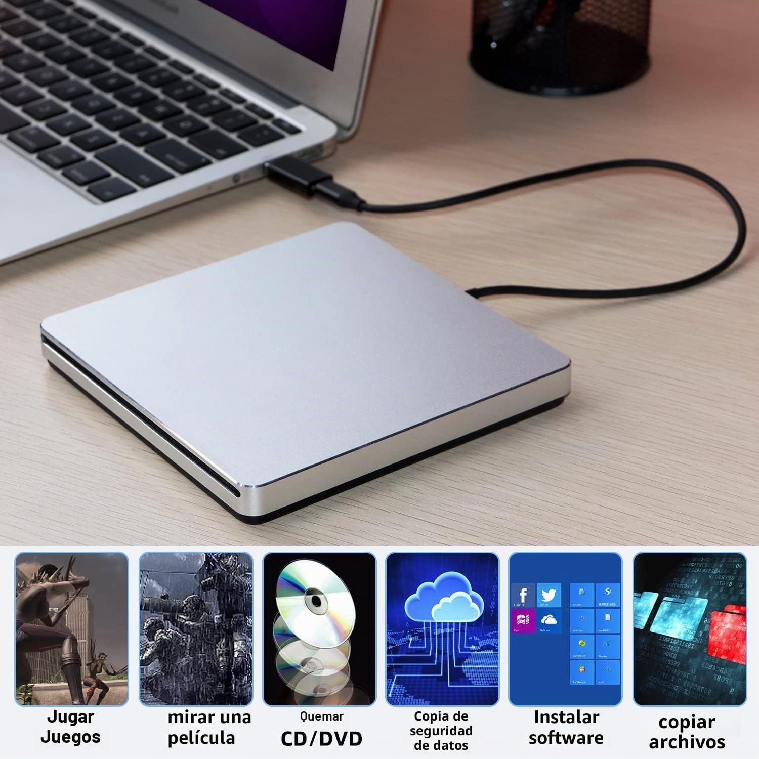 Unidad de DVD Externa CD USB3.0 CD Reproductor de DVD Grabadora Grabadora para computadora portátil/MacBook/Windows/PC
