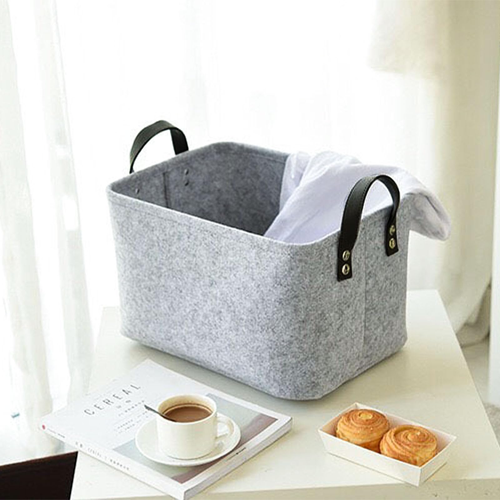Cesto Portaoggetti In Feltro Grigio Pieghevole 39x29x25 Cm, Con Manici, Per Vestiti, Giocattoli, Asciugamani