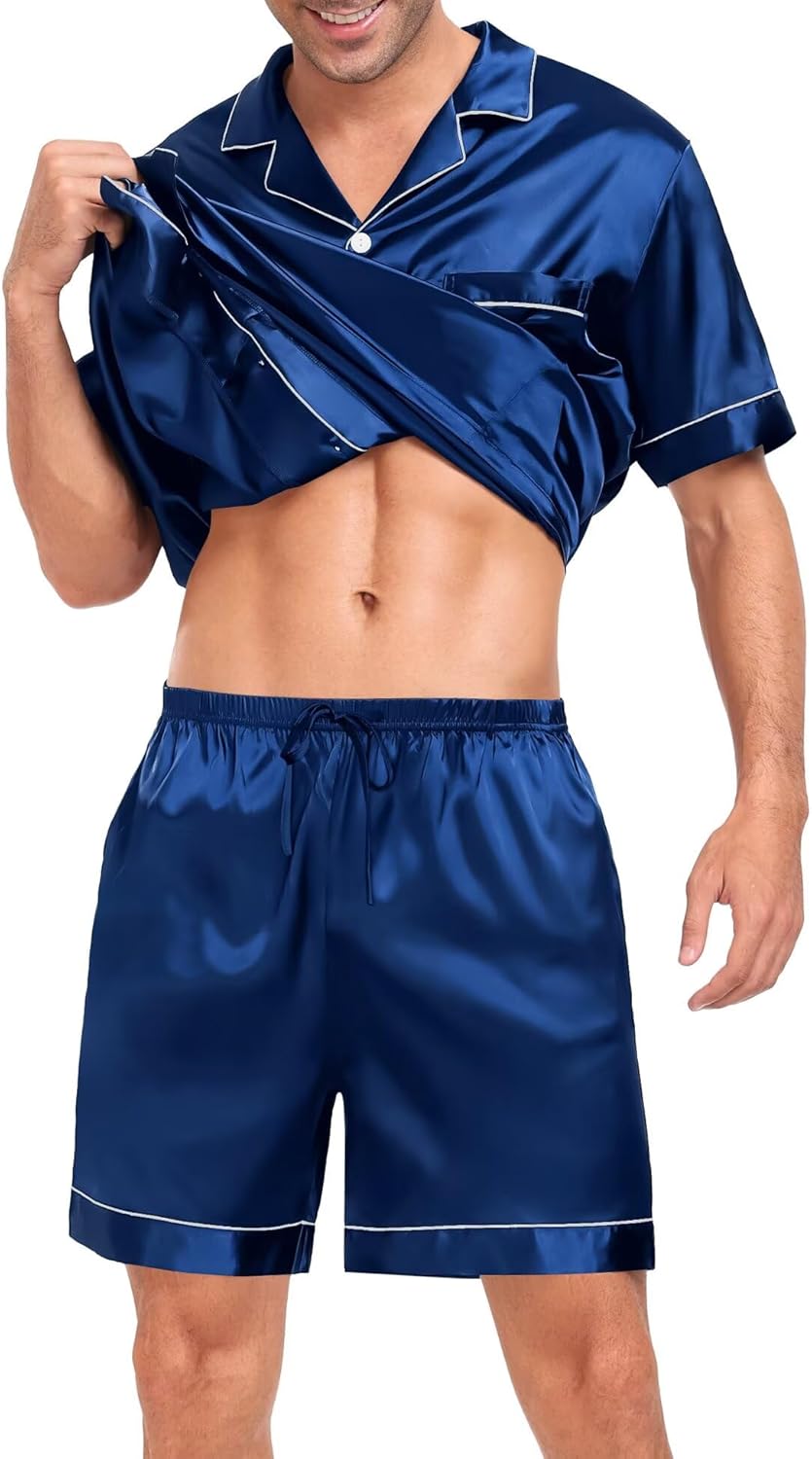 SWOMOG Men Silk Pajama Set Short Sleeve Satin PJs Sets 2 Piece Button Down Sleepwear Soft Summer Loungewear with Pockets - Image 5