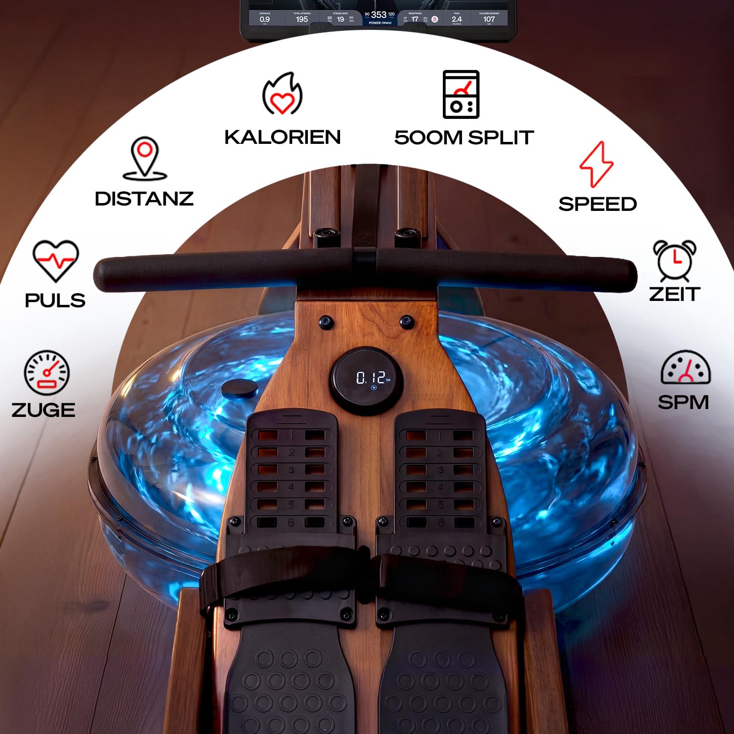Sportstech Wasser Rudergerät für Zuhause WRX500 bis 150 kg, Rudermaschine aus FSC-Holz, vertikal verstaubar, App, Bluetooth & LED-Display, Tablethalter, gelenkschonendes Ganzkörpertraining