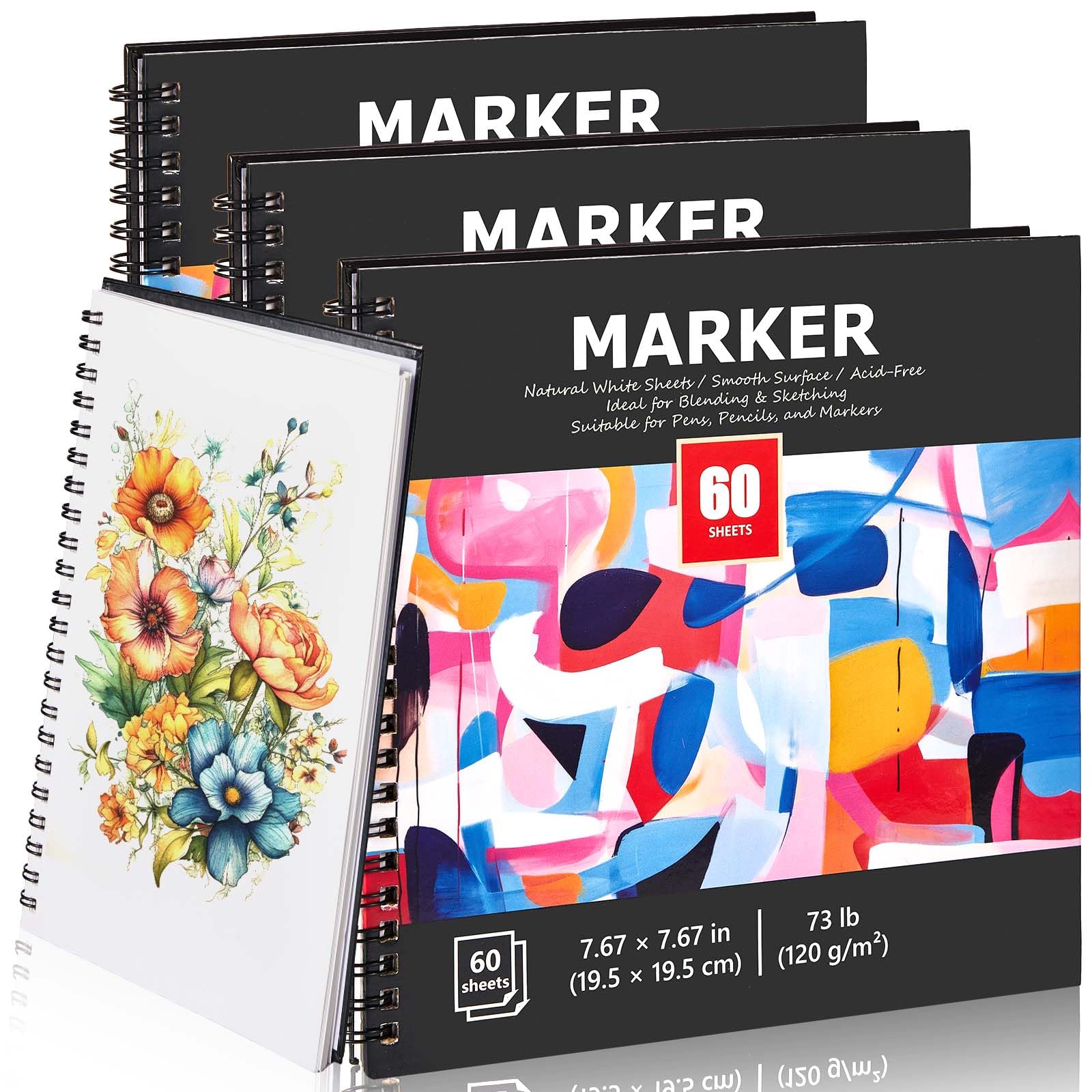 Skyygemm Markerblock, 19 x 19 cm, 180 Blatt, insgesamt 120 g/m², glattes Papier, Hardcover, Skizzenbuch für Marker, blutungssicher zum Zeichnen, Färben, Alkoholmarker, Kunstgeschenk, 3 Stück