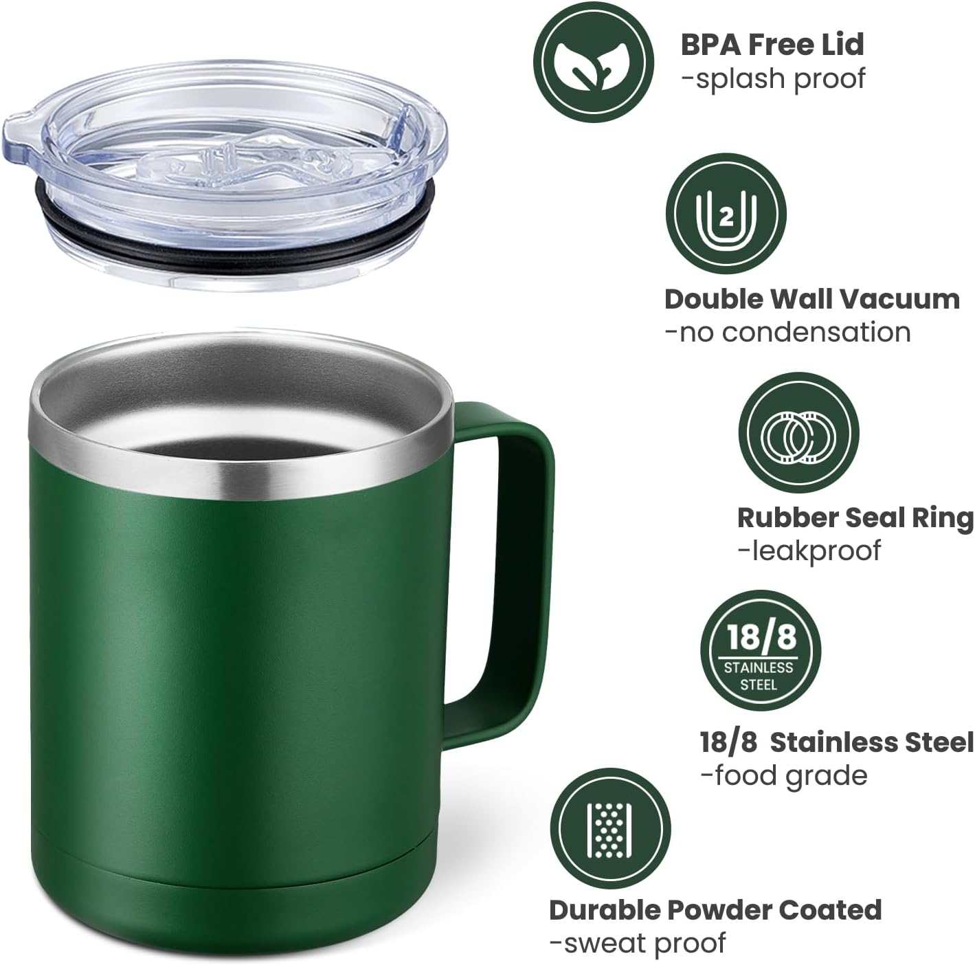 MEWAY 12oz Coffee Mug With Handle and Sliding Lid,Stainless Steel Travel Tumbler Cup with Handle,Double Wall Vacuum Insulated Camping Cup for Hot & Cold Drinks Tea (Forest Green,Set of 1) - Image 3