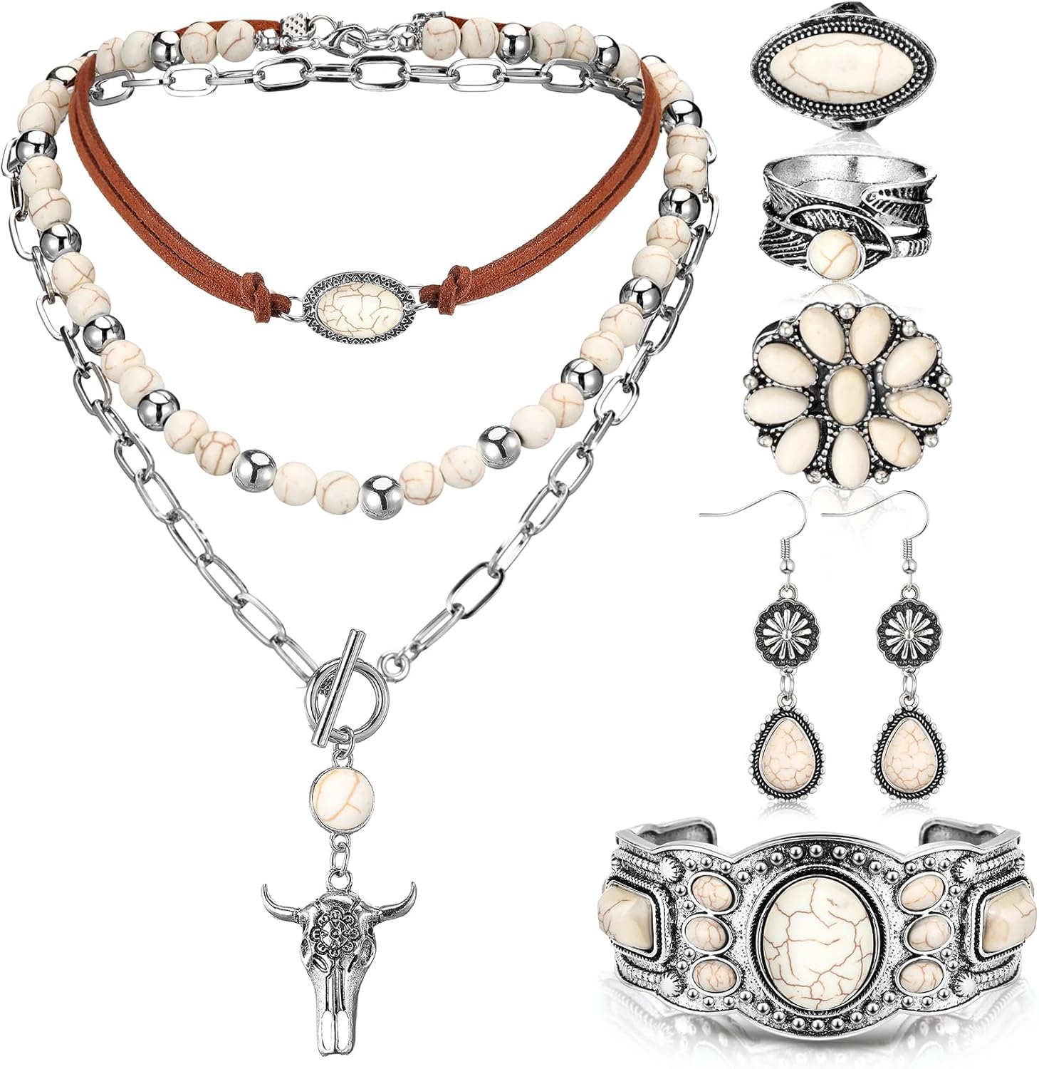 Ecally Bohemian Western Jewelry Turquoise Set Women Country Pendant Long Choker Layered Bracelets Earrings Ring for Women