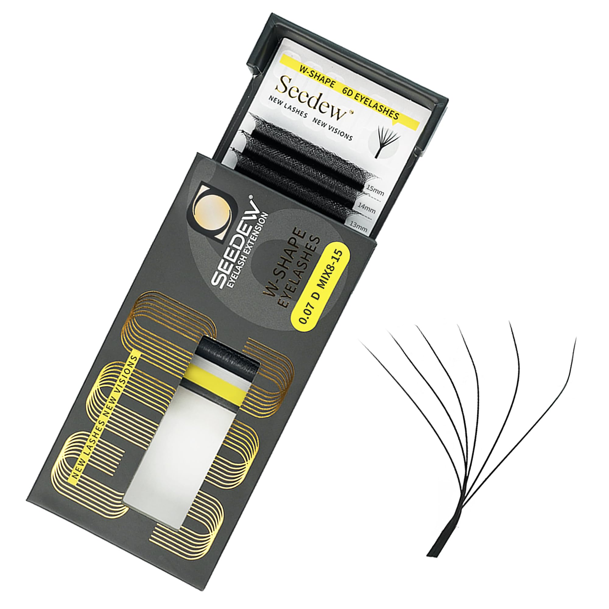 SEEDEW 6D Lash Extensions, 0.07mm D Curl MIX8-15mm 12 Rows/Tray, W Shape Flat Stem