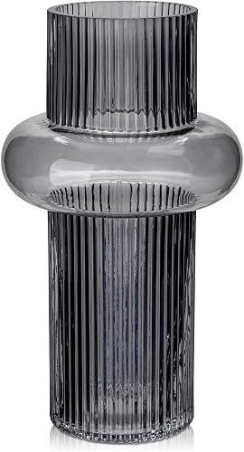 Hollyone Smoked Ribbed Glass Vase, Gray Clear Glass Vase for Flowers 9.8 Inch Modern Minimalist Grooved Geometric Vase for Table Centerpieces Shelf Living Room Home Office Kitchen Decor
