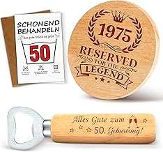 TUZELIYA 1975 Geschenk 50 Geburtstag Mann Untersetzer Holz mit Flaschenöffner und Geburtstagskarte - Personalisierte 50. Geburtstagsgeschenk Geschenke für Papa Ehemann Opa