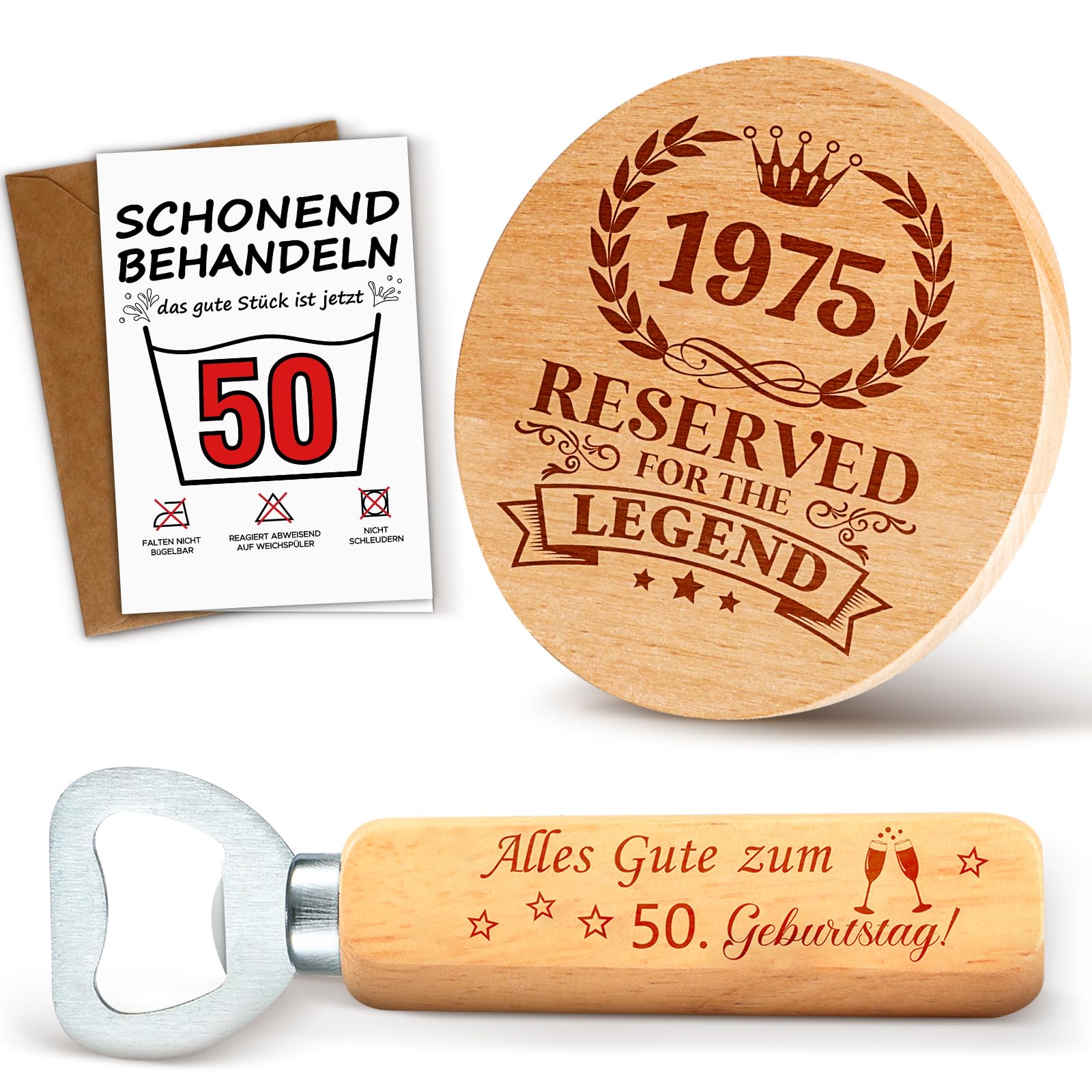 TUZELIYA 1975 Geschenk 50 Geburtstag Mann Untersetzer Holz mit Flaschenöffner und Geburtstagskarte - Personalisierte 50. Geburtstagsgeschenk Geschenke für Papa Ehemann Opa