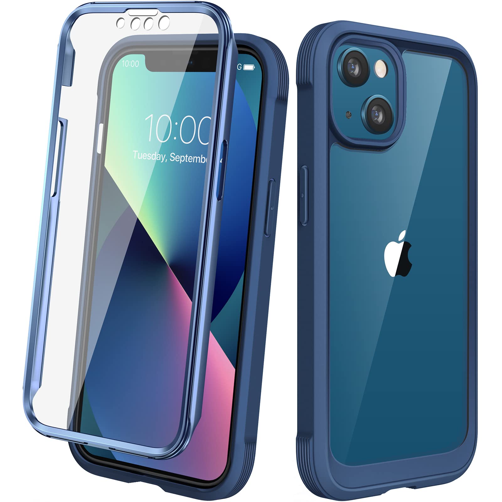 Diaclara Designed for iPhone 13 Case, Full Body Rugged with Built-in Touch Sensitive Anti-Scratch Screen Protector, Soft TPU Bumper Case for iPhone 13 6.1" (Dark Blue and Clear)