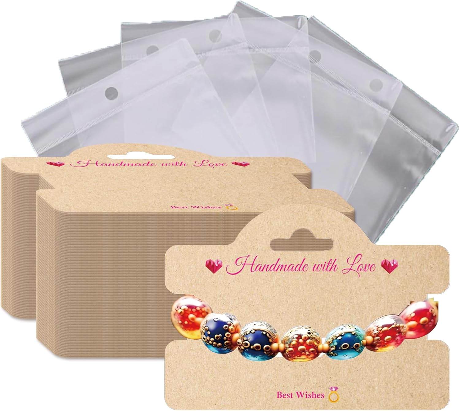 100 Set Bracelet Packaging for Small Business Jewelry Display Cards with Clear Bags Handmade with Love Earrings Showing Tags for Hair Ties, Necklace, Hair Scrunchies (2)
