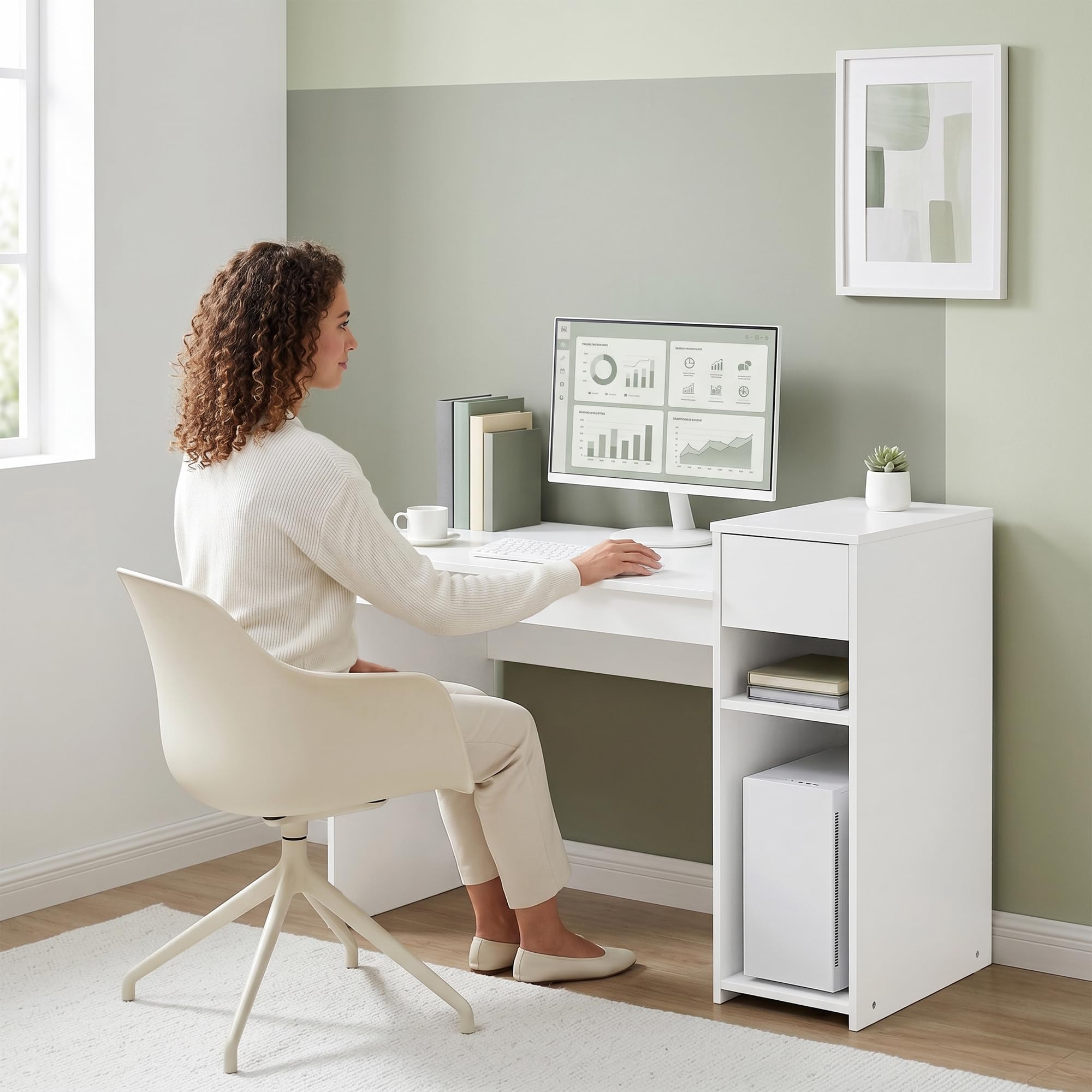 HOMCOM Scrivania Salvaspazio Moderna con Cassetto e Spazio per PC Tower, Scrivania con Scaffale in Legno, Tavolo Porta PC per Computer, per Ufficio, Studio e Camera da Letto, 108x50x82cm, Bianco