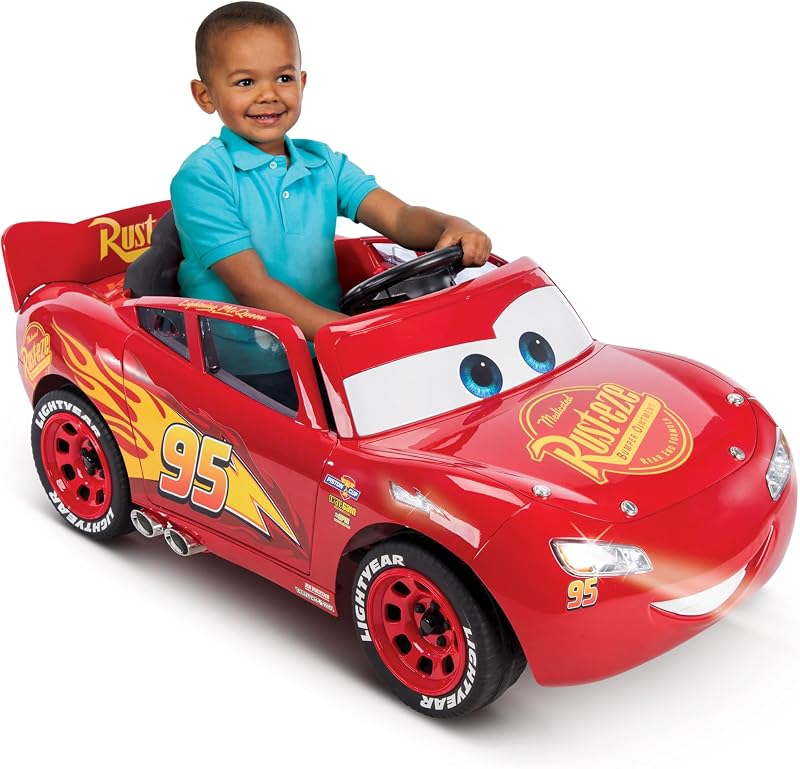 Huffy Cars Lightning McQueen 6V Ride-On with Engine Sounds, Ages 3-7 | LED Headlights, Foot Pedal Drive, Up to 2.5 MPH, 6V Rechargeable Battery, Wide Traction Tires, McQueen Graphics