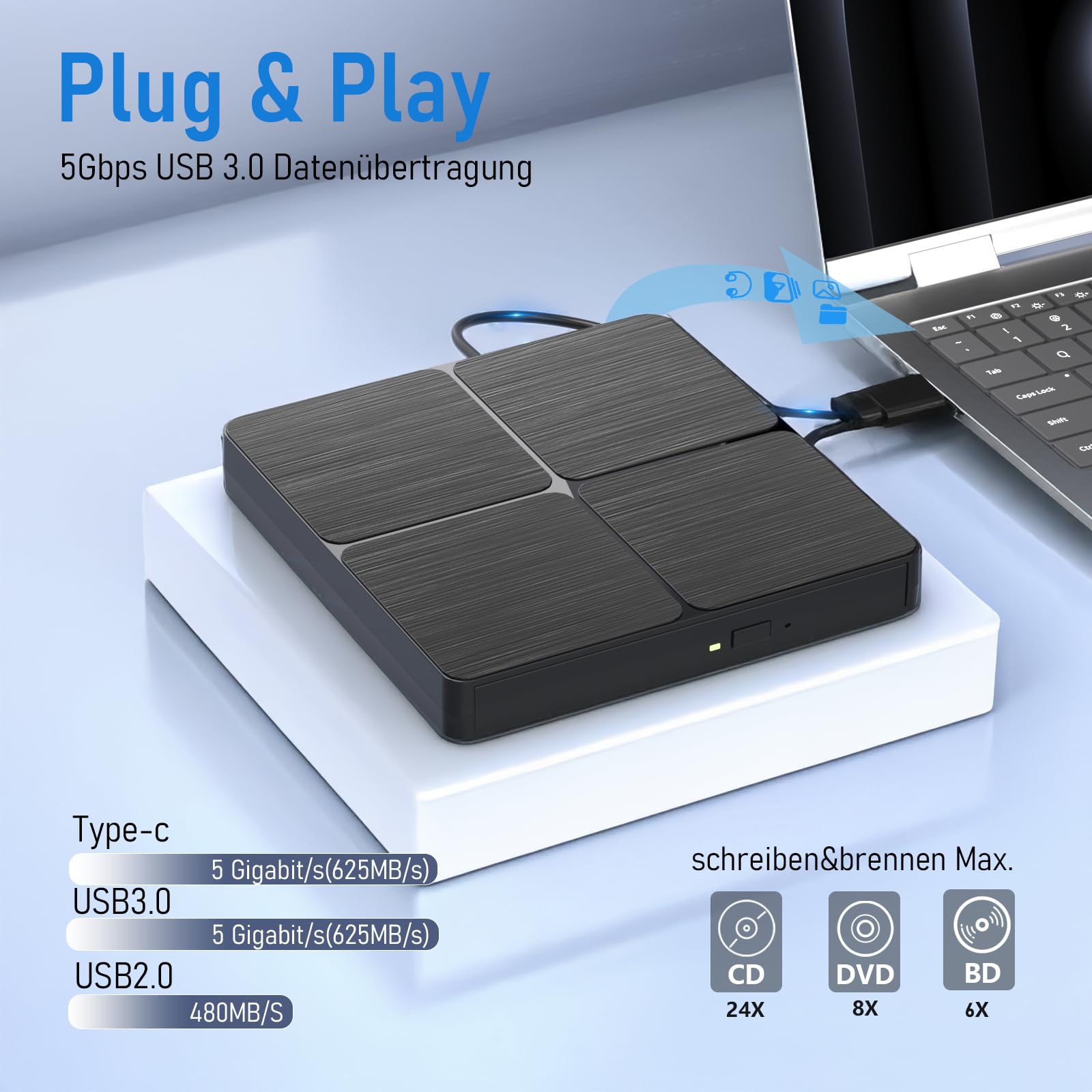 Yaeonku Externes Blu Ray CD DVD Laufwerk, USB 3.0 Typ-C 3D Bluray CD DVD BD Brenner Player Schlankes Bluray DVD Laufwerk für MacBook Laptop Desktop PC Laptop Kompatibel mit Mac OS Windows XP/7/8/10/11