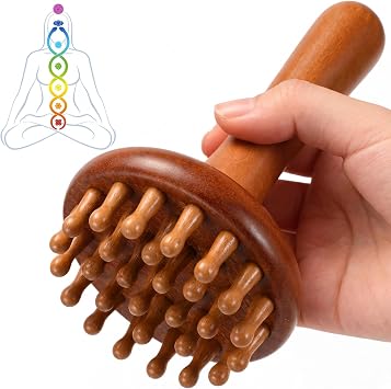 28teeth Rosewood Meridian Massage Brush for Body and Scalp, Wooden Body Massage Brush with Handle, Handheld Abdomen Massager, Spa Relaxing Gua Sha Tool for Cellulite Remover, Relaxation