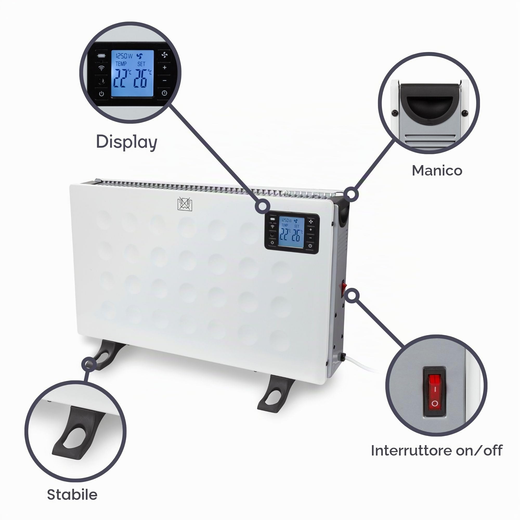 Perel Termoconvettore smart 2000W con 3 livelli di calore, termostato, IP20, protezione surriscaldamento, portatile con telecomando e controllo tramite app Tuya, per ambienti fino a 60 m³