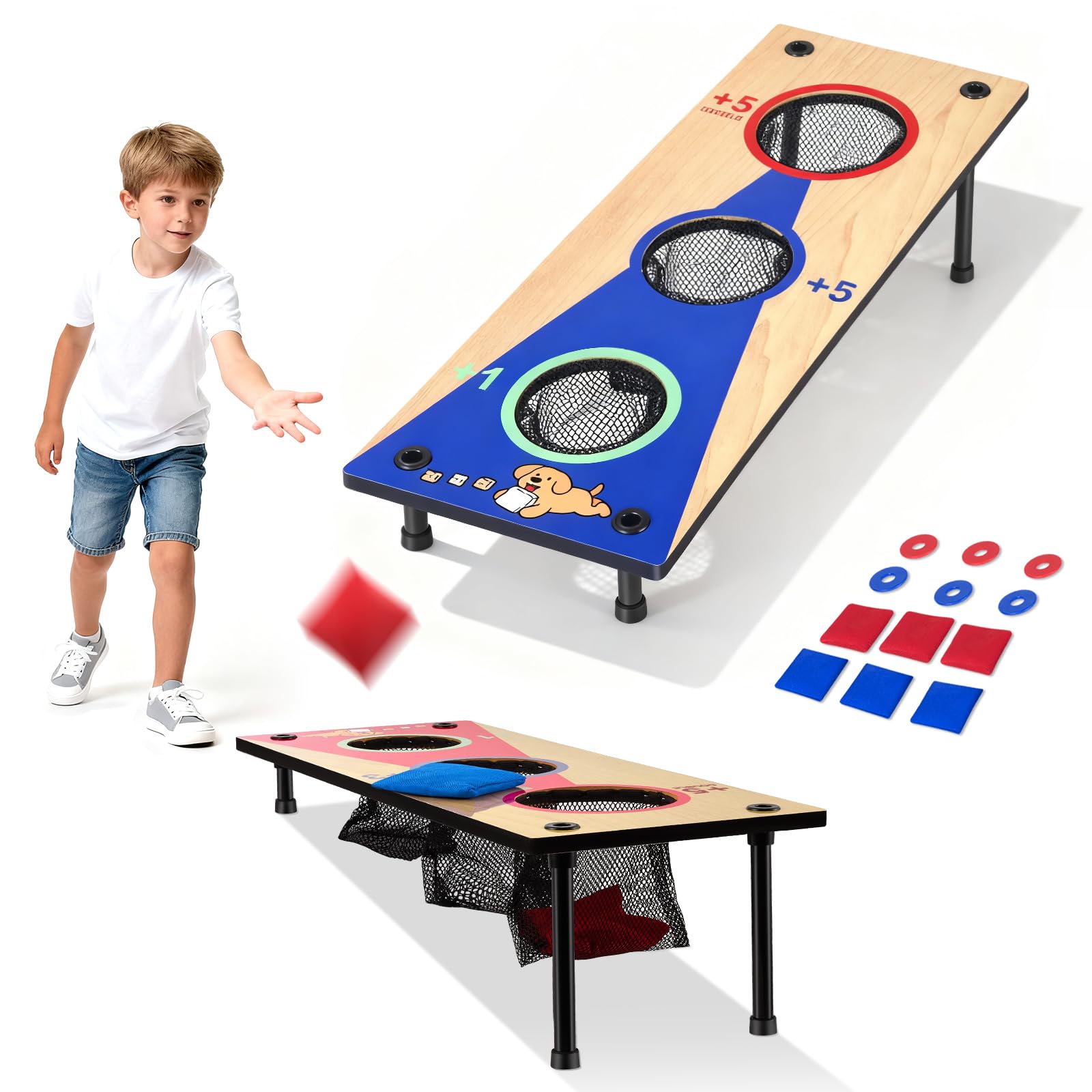 2-in-1 Bean Bag Toss Game and Washer Pitch Set,66 * 25cm Cornhole Sandbag Game Set for Kids, Throwing With Wooden Reversible Board,6 Toss Bags,6 Washers,Family Toss Game Indoor Outdoor