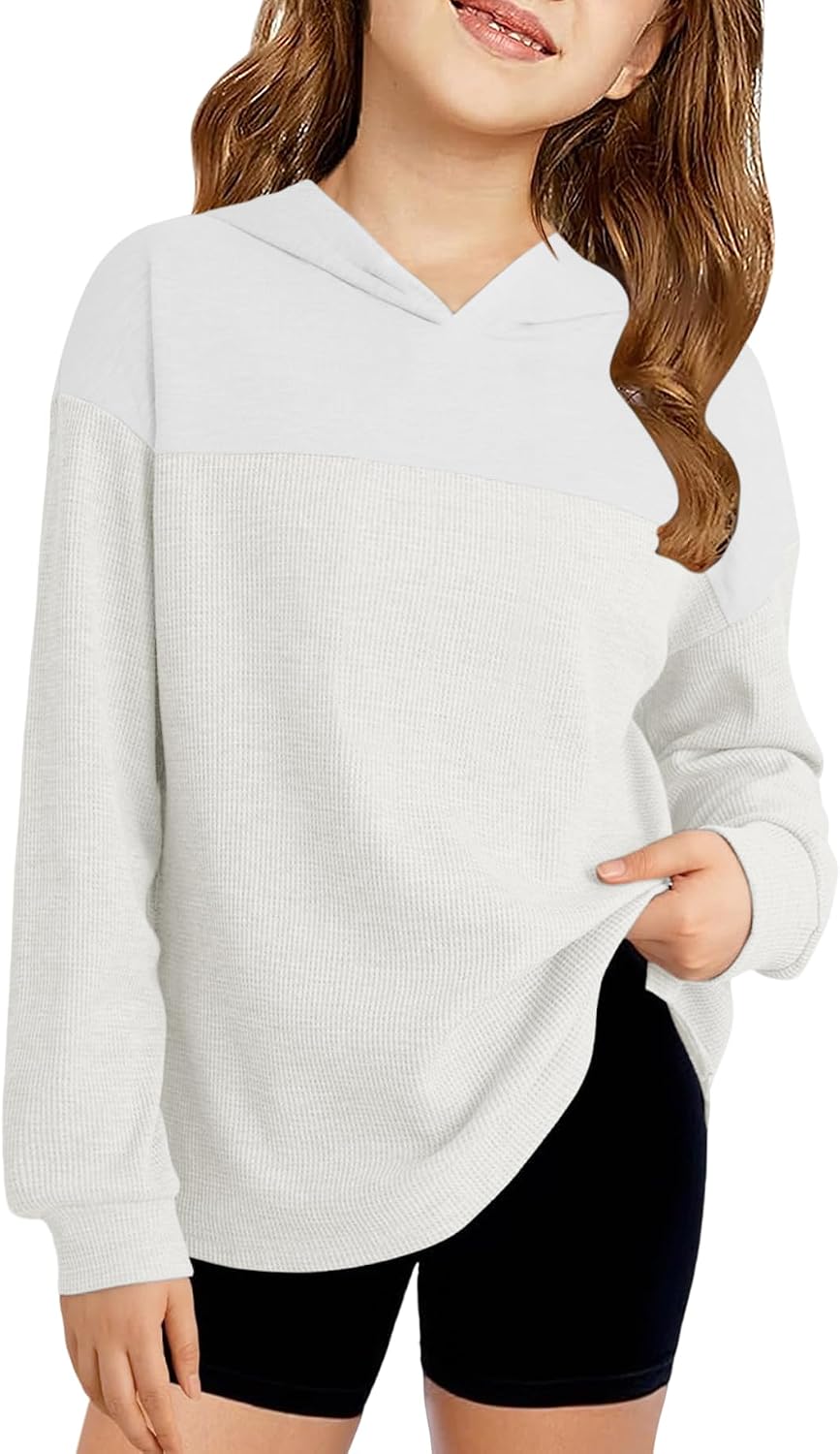Girls Hoodies Casual Waffle Knit Long Sleeve Color Block Sweatshirts Casual Lightweight Pullover Tops