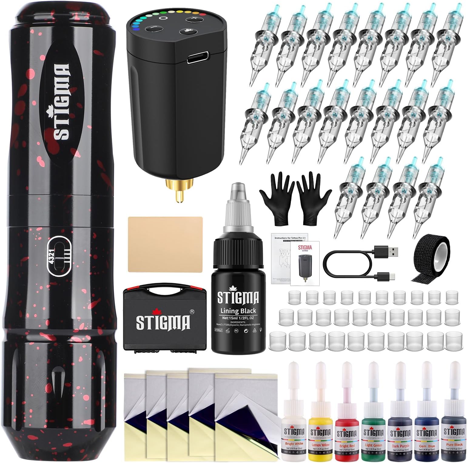 STIGMA Wireless Tattoo Machine Kit Rotary Complete Tattoo Set with 20Pcs Tattoo Cartridges Needles and Wireless Power Supply Battery for Beginners and Artists STP89KITP802-2