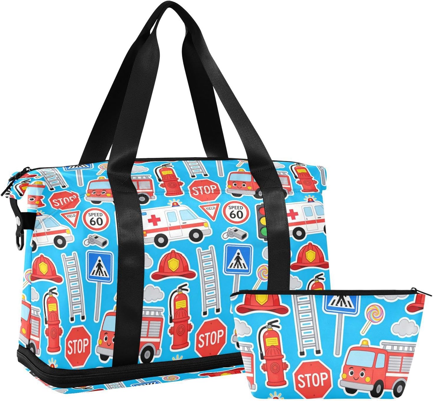 2 Pcs Set Travel Tote Gym Bag Cartoon Fire Truck Ambulance Travel Overnight Carry on Bag with Toiletry for Hiking