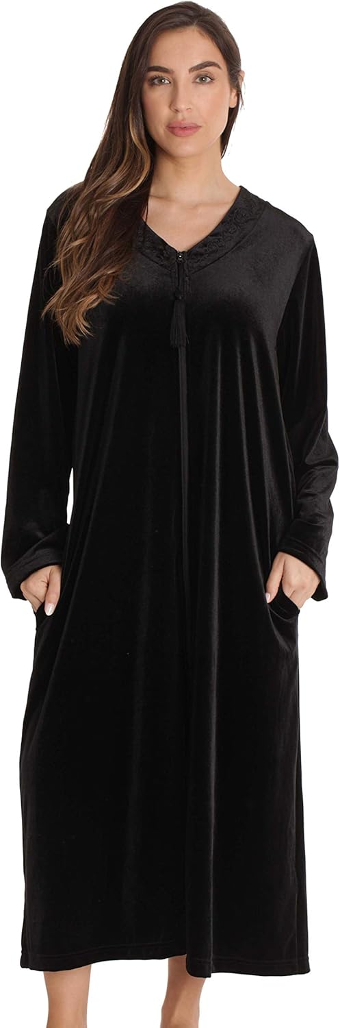 Just Love Stretch Velour Embroidered Zipper Lounger Robe for Women with Pockets