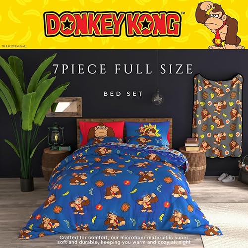 Miniatura 4 de Franco - Collectibles - Ropa de cama de Donkey Kong de Nintendo - Juego de 7 piezas con edredón reversible y sábanas supersuaves, con funda